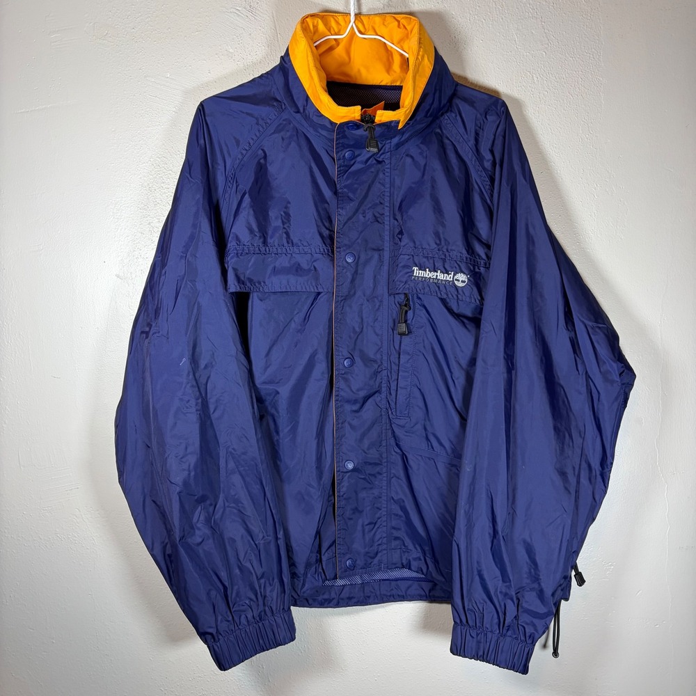 Vintage Timberland Performance Windbreaker Navy Yellow Hooded Jacket Mens M 1998
